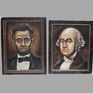 13-22652, Two folk art portraits of George Washington and Abraham Lincoln, relief carved on sheet rock and painted. 1,950