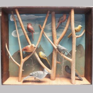 15-25093, Shadow box with a variety of carved and painted wood birds on branches, Lancaster Co., PA. $3,400