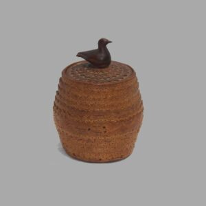 31-22288x, Birch chip carved lidded jar, cover saffron, folky bird finial, 19th century. $1,295