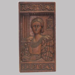 30-21166, Carved wood panel of a interior scene, portrait of young woman, New England. $2,250