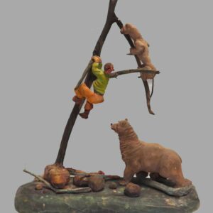 21-9088, Whimsical carving of a man climbing a limb surrounded by a bear and wild cat, PA. $3,450