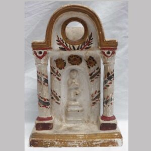 23-10085, Chalkware watch hutch bold colors, scene of praying figure. $2,850 