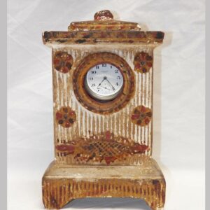 14-24472, PA chalkware clock hutch with cover polychrome paint molded relief. $450