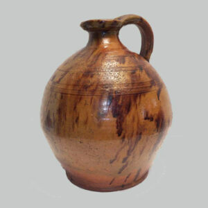 16-26257, Exceptional redware bulbous ovoid jug, pour spout, incised ring two tone glaze. $4,450