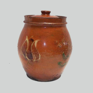 PA redware jar rare 3 color slip tulip and flower decoration, early to mid 19th century. $9,500