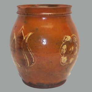 16-26692, Rare PA redware jar 3 color slip tulip and flower decoration, early 19th century. $7,500