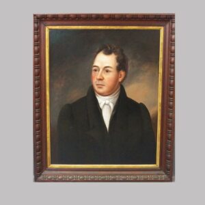 30-21713, New England oil painting on wood panel, portrait of gentleman, period walnut frame. $1,200