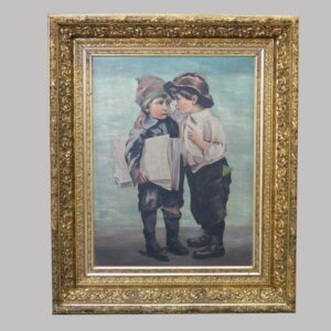 29-19255, Portrait of two young boys on canvas, signed and dated, untouched condition, whimsical scene probably paper boys. $4,950