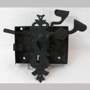 14-23261, Hand wrought iron box lock and fancy cutout scrolled heart escuton Attr. to Rorher, Lebanon Co., PA early 19th century. $1,200