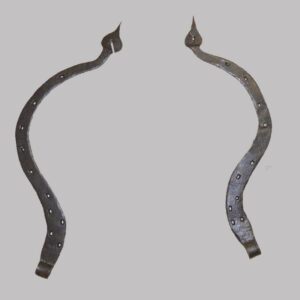 2-9213, Pair of large wrought iron curved spade end hinges. PA. $325