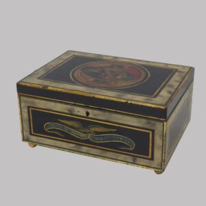 29-19358x, Paint decorated box dovetailed construction, probably school girl related, lid with portrait of young lady, Probably New England. $2,950