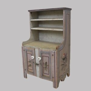 26-14660x, Miniature child's size PA open top pewter cupboard, paint decorated flower panels. $695