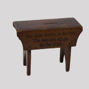 2-11580, Folky miniature bench penny bank, interesting verse, PA early 20th century. $375