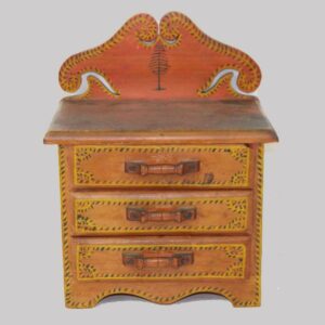 29-19163, Miniature paint decorated three drawer chest, initialed EMB, salmon and yellow. $3,850