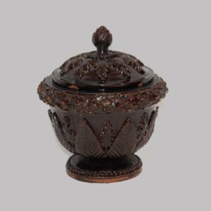 15-25471, Rare Redware pottery sugar bowl with cover, applied foliage and leaf, beaded base, black manganese glaze, probably PA. $1,695