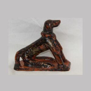 15-24980, PA Redware pottery folk art figure of a seated dog, two tone manganese glaze, repair to ear. $2,950