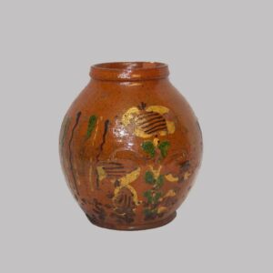 24-10617, PA Redware ovoid jar, rare three color slip floral decoration, some loses. $5,950